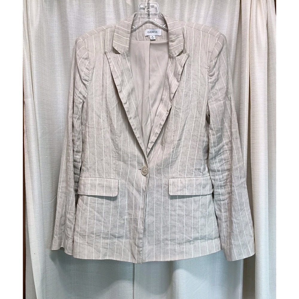 Evereve Women's M Linen Blazer Beige Stone Neutral‎ Cream White Vertical Stripes